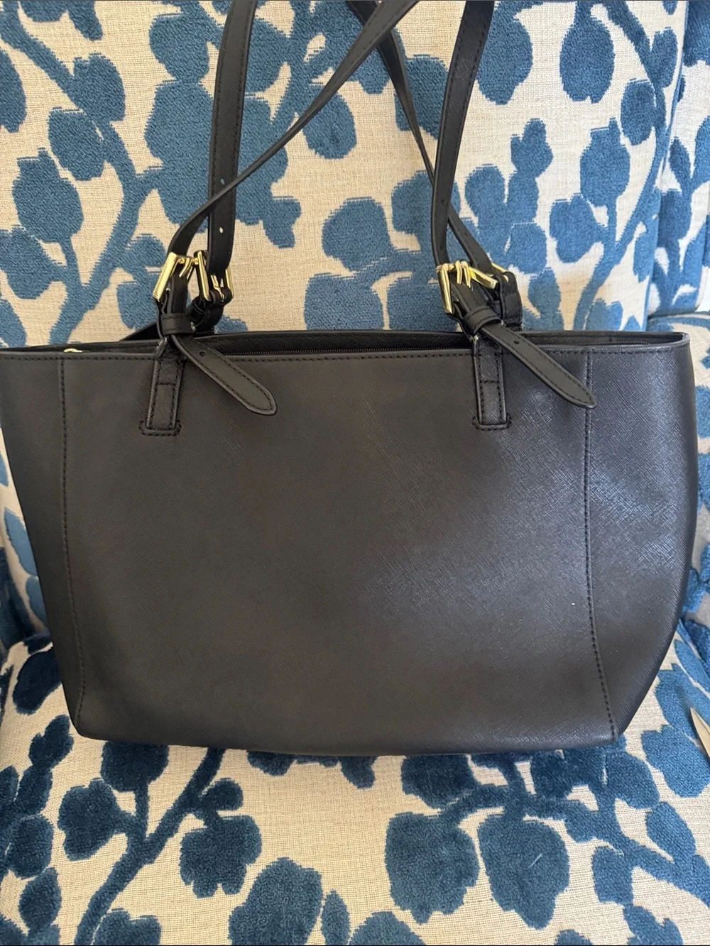 Tory Burch Black Leather Double-Handle Tote with Gold Logo